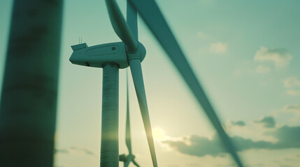 Sunlit wind turbine stands tall against a green-tinted sky, symbolizing renewable energy and sustainability.