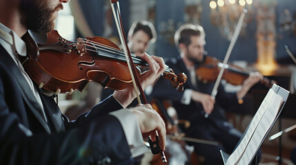 A group of violinists perform elegantly in a sophisticated setting, focusing intently on their music with a backdrop of chandeliers and rich décor.