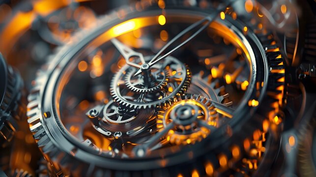 Transparent clock revealing the inner workings and time mechanics in a surreal and contemporary