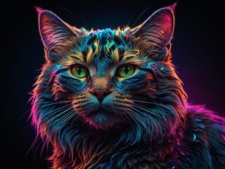 Abstract neon light Kitty Cat wallpaper, glowing space background	
