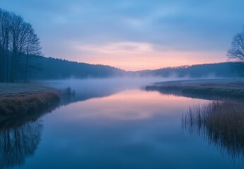A tranquil foggy lake scene at dawn, with soft light filtering through the mist and reflecting off the calm water