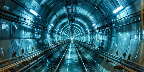 Obraz premium A breathtaking and stunning perspective of a futuristic tunnel featuring bright, vibrant lights and sleek, modern rails