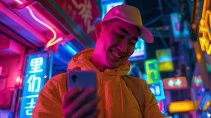 A person grins at their phone while surrounded by colorful neon signs, capturing the lively essence of urban nightlife.