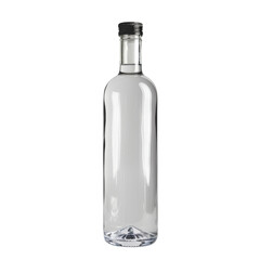 Empty clear glass bottle with black cap isolated on white background. Perfect for product...