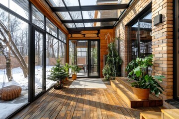 Chic winter garden with glass roof and wooden floors