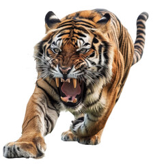 Fierce tiger in mid-roar, moving forward with powerful strides. Vivid stripes, sharp teeth, and...