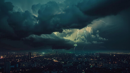 Ominous storm clouds build over a city at dusk, with multiple lightning strikes illuminating the twilight, foretelling an intense storm.
