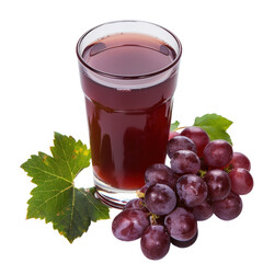 Fresh grape juice in a glass with grape cluster and leaves, isolated on white background. Perfect for healthy living and nutrition concepts.