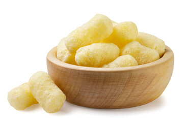 Corn sticks in a wooden plate on a white background. Isolated