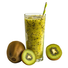 Fresh kiwi smoothie in a glass with a straw, accompanied by whole and sliced kiwi fruits, isolated...
