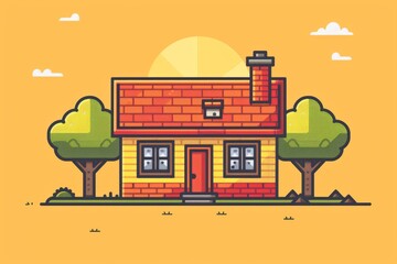 Naklejka premium A small house with a red roof, set against a bright yellow background, symbolizing traditional living, warmth, and suburban charm in a cheerful, modern illustration.