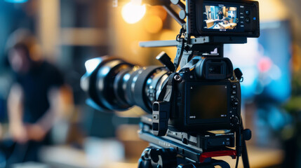 A professional camera with a large lens set up in a studio, ready for videography or photography work, illuminated by studio lights.