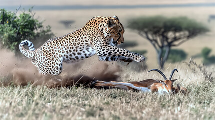 Leopard attacking gazelle in African savanna, intense wildlife predator and prey scene
