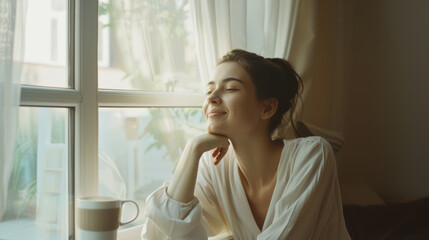 A woman in a relaxed state with eyes closed enjoys a peaceful moment by the window, bathed in soft light, with a cup of coffee beside her.