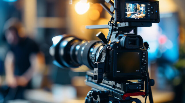 A professional camera with a large lens set up in a studio, ready for videography or photography work, illuminated by studio lights.