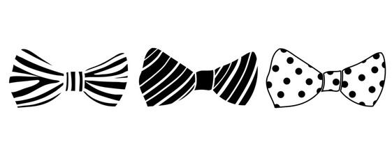 Set of cute black and white bow ties isolated on white. Vector illustration of a set of bows in flat style.