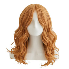 Ginger red curly wig with middle part on white mannequin head, showcasing natural wavy hair texture...