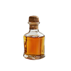 Glass bottle of amber liquid with cork stopper, isolated on white background, ideal for food and...