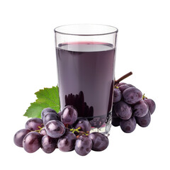 Glass of fresh grape juice with ripe purple grapes and green leaf on a white background. Perfect...