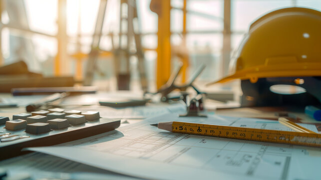 A construction workspace featuring a hard hat, pencils, and blueprints, highlighting the essentials of a bustling architectural planning session.