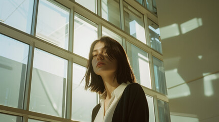 Fototapeta premium A thoughtful woman stands against the large windows of a sunlit, modern space, gazing confidently into the distance, captured in a serene and contemplative moment.
