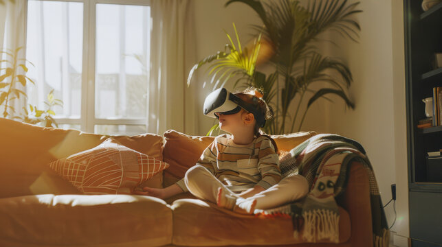 A child immersed in a virtual reality experience, sitting on a cozy living room couch with sunlight streaming in.