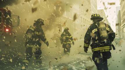 Firefighters bravely rush through smoke and debris towards a massive urban fire, highlighting their courage and teamwork.