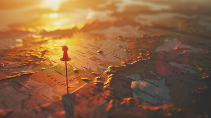 A red pushpin marks a location on a world map, bathed in the warm, golden light of sunrise, suggesting adventure and exploration.