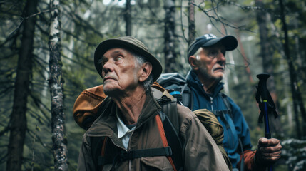 Fototapeta premium Two elderly men in outdoor attire, equipped with backpacks and hiking poles, navigate a dense forest, embodying adventure and perseverance.