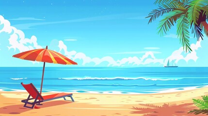 Obraz premium Tropical beach scene with beach chairs and umbrellas on the shore. Vector concept cartoon summer vacation landscape illustration