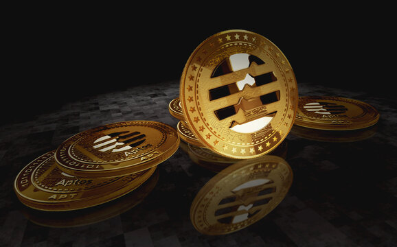 Aptos APT cryptocurrency golden coin 3d illustration