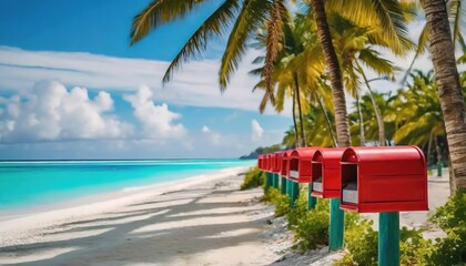 Red mailboxes lined up on a tropical beach