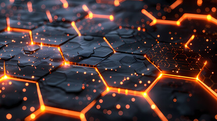 High-tech texture, black and orange hexagons