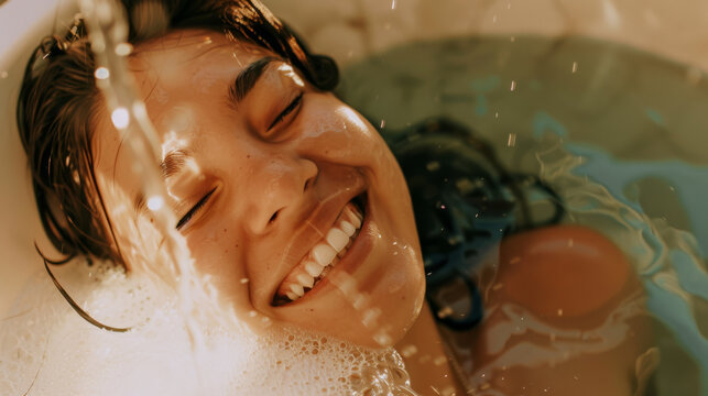 Smiling woman gently hugging self while surrounded by calming water.