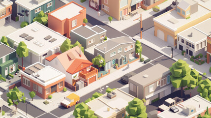 A beautifully detailed isometric illustration of a vibrant neighborhood, showcasing various houses, trees, and streets, capturing the essence of community living.