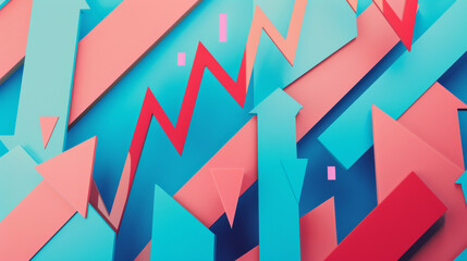 Bright, geometric arrows in red and blue point in various directions against a bold, gradient background, creating an abstract and dynamic visual narrative.