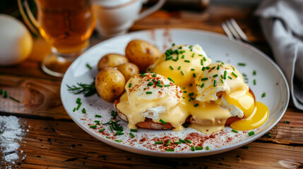 A beautifully plated Eggs Benedict with a side of seasoned potatoes, garnished with fresh herbs and spices, on a rustic wooden table.