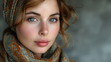 A striking portrait of a woman with a scarf and headband, her intense gaze and delicate features are complemented by the soft, warm colors of her clothing.