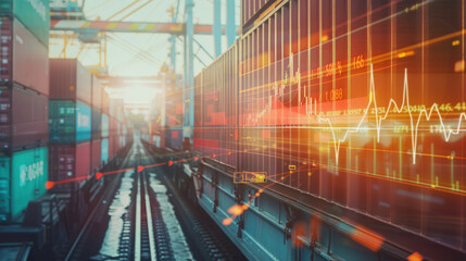 Overlay of digital financial graphs on containers and rail lines in a port, symbolizing global trade and economic trends.