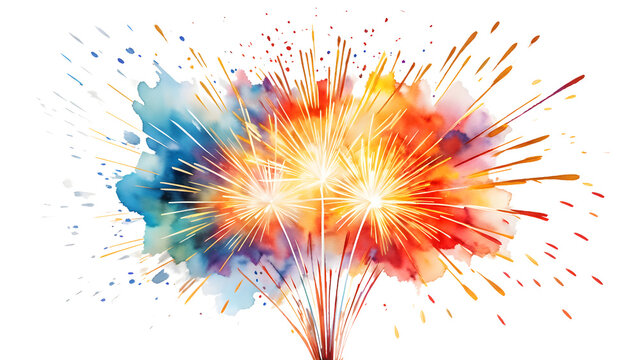 Set of watercolor fireworks elements set isolated on transparent background, decoration clip art mock up
