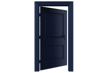 A blue door with a black handle is open