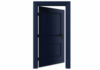 A blue door with a black handle is open