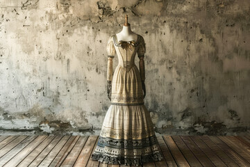 Vintage dress on a mannequin at empty room with dirty walls and wooden floor.