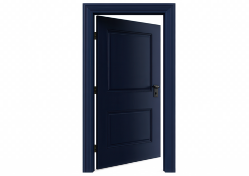 A blue door with a black handle is open