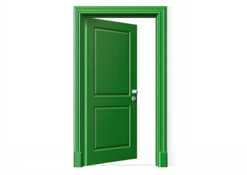A green door with a silver handle is open