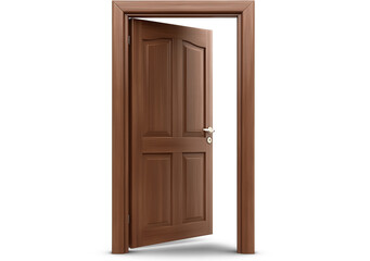 A wooden door is open, revealing a white background