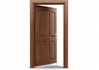 A wooden door is open, revealing a white background