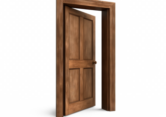 A wooden door is open, revealing a white background
