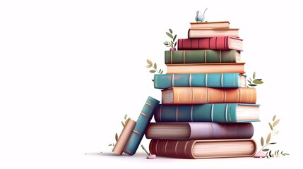 Stack of Colorful Books with Decorative Leaves