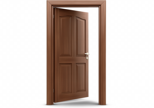 A wooden door is open, revealing a white background - Powered by Adobe